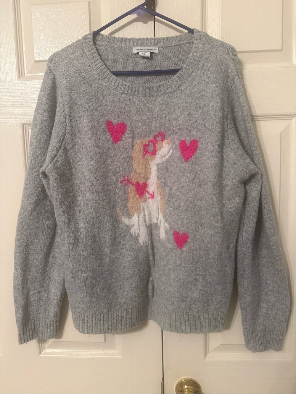 cupcakes & cashmere Gray Crewneck Sweater with Dog & Pink Hearts